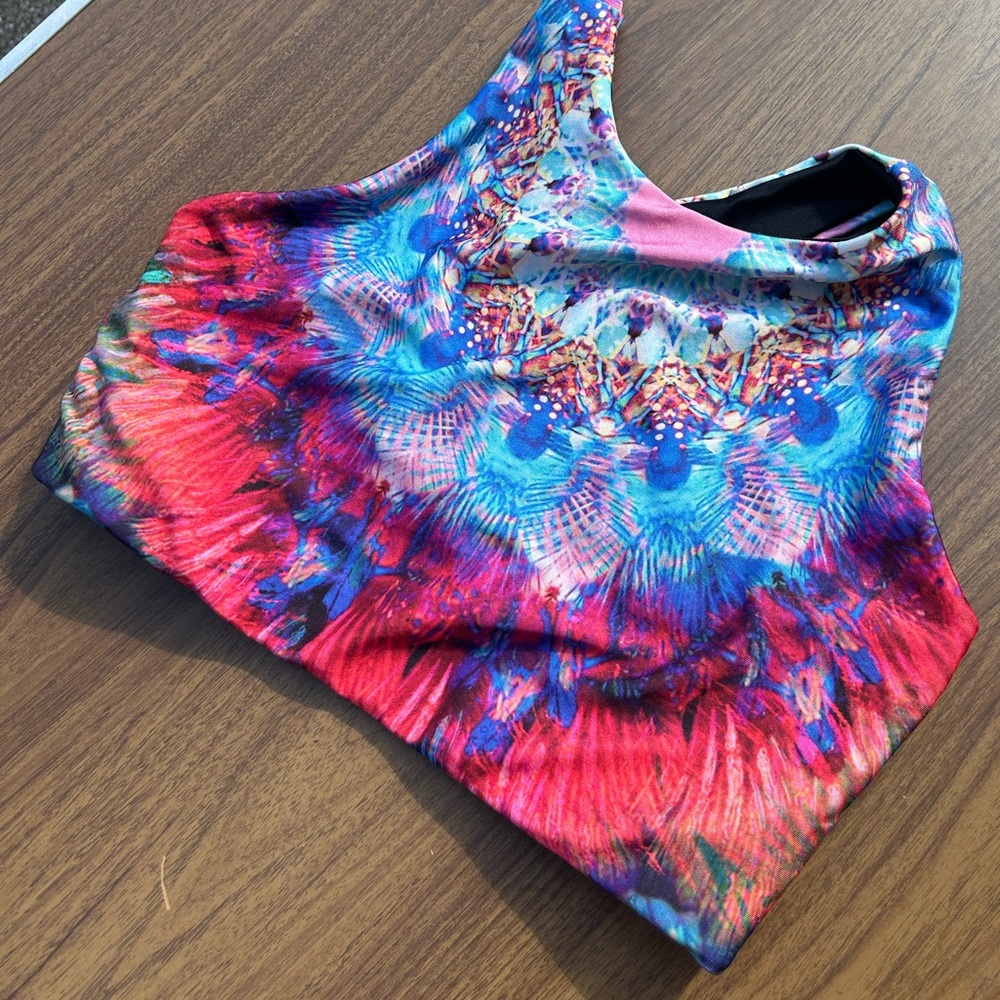 Colorful peacock print sports bra